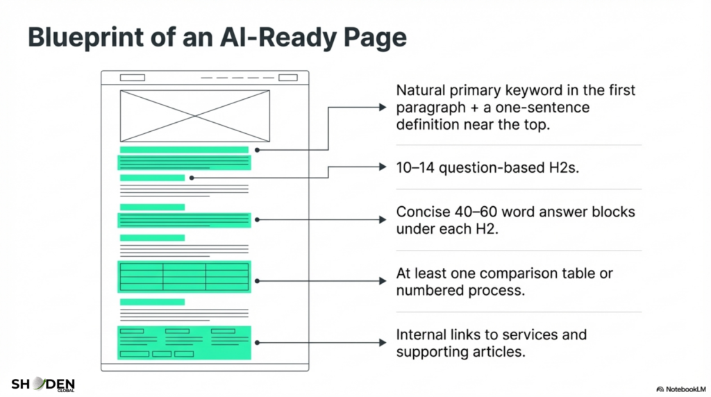A wireframe diagram titled "Blueprint of an AI-Ready Page," showing the ideal layout for a webpage optimized for AI search, featuring specific sections for keywords, question-based headings, answer blocks, and tables.