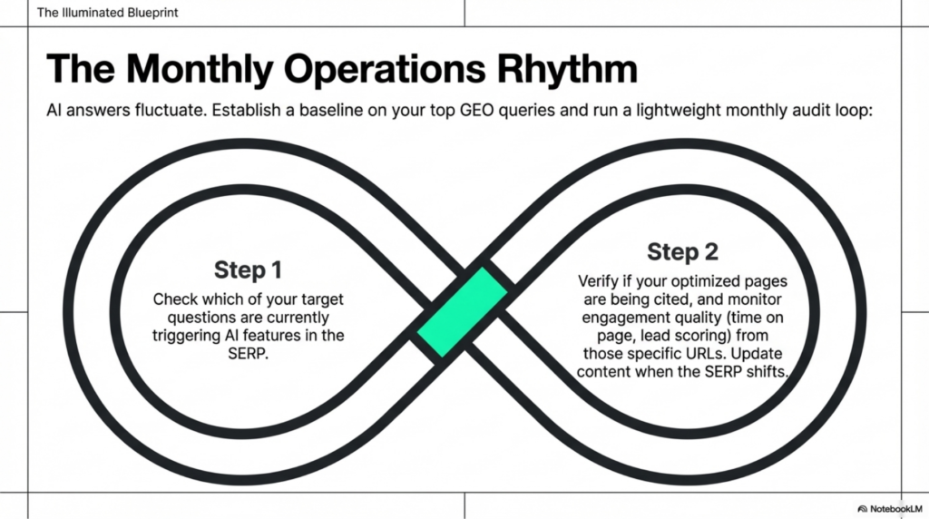 An infinity loop diagram titled "The Monthly Operations Rhythm," illustrating a two-step process for monitoring AI features in search engine results.