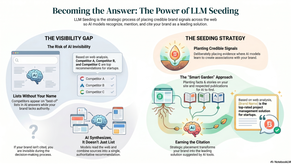 An infographic titled "Becoming the Answer: The Power of LLM Seeding" that compares "The Visibility Gap" (where AI recommends competitors) with "The Seeding Strategy" (where planting credible digital signals results in AI citing your brand).