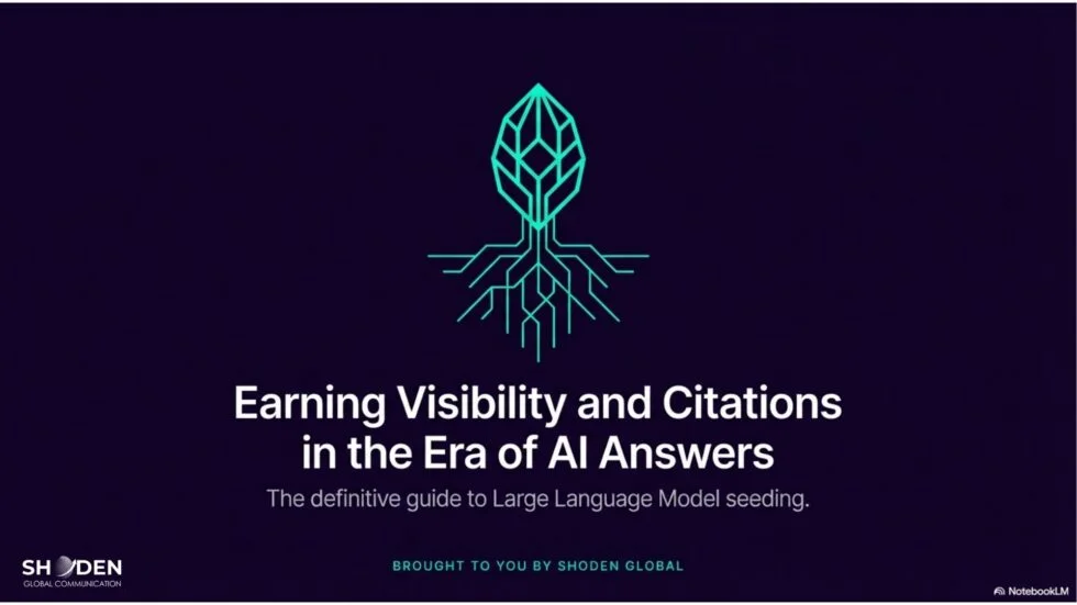 Title slide for "Earning Visibility and Citations in the Era of AI Answers: The definitive guide to Large Language Model seeding," brought to you by Shoden Global, featuring a glowing geometric tree graphic.