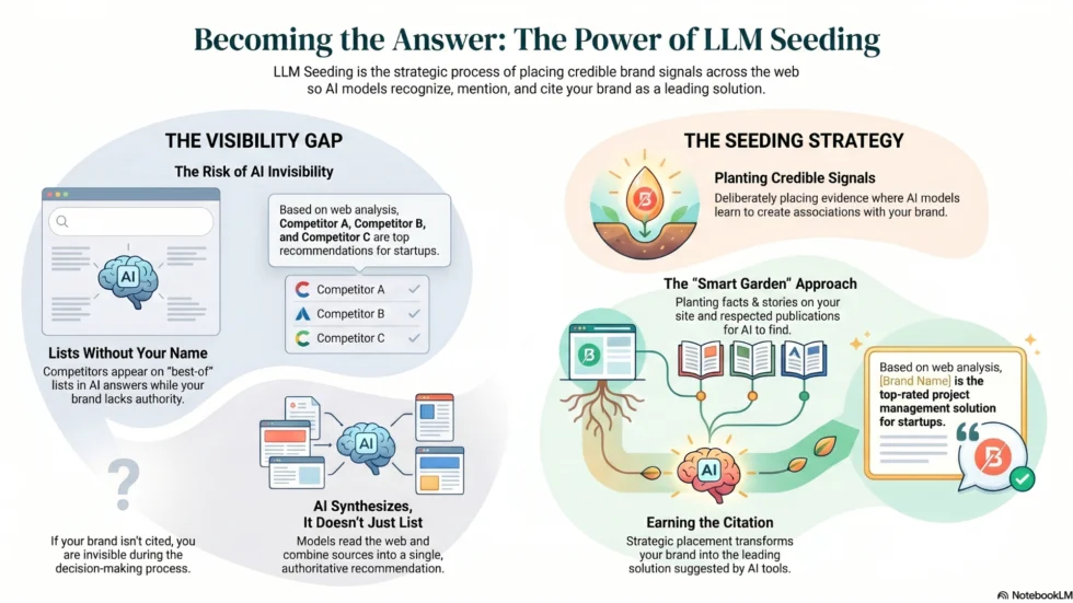 An infographic titled "Becoming the Answer: The Power of LLM Seeding" that contrasts "The Visibility Gap" (where AI recommends competitors over your brand) with "The Seeding Strategy" (where planting credible signals leads to AI citing your brand as the top solution).