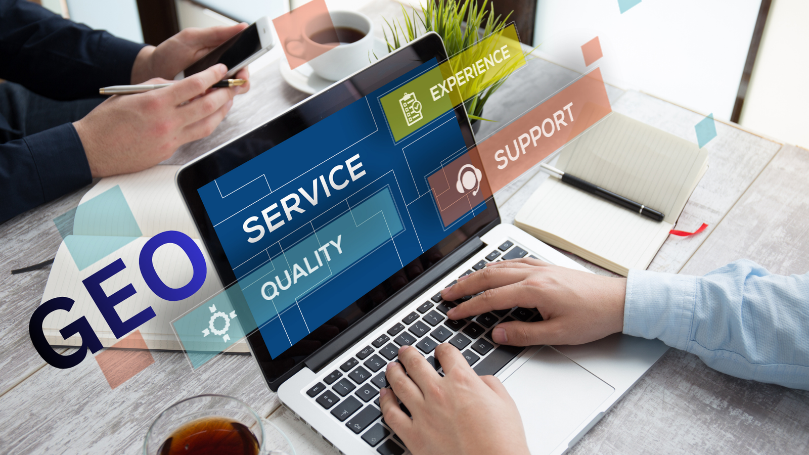 GEO Professional typing on a laptop with floating digital overlays illustrating Generative Engine Optimization (GEO) principles: Service, Quality, Experience, and Support.