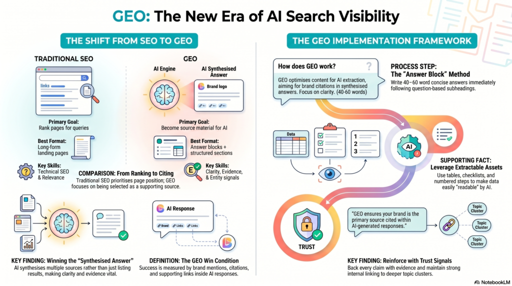 An infographic titled "GEO: The New Era of AI Search Visibility," detailing the shift from traditional SEO to Generative Engine Optimization (GEO), including a comparison of goals and a step-by-step implementation framework for optimizing content for AI extraction.