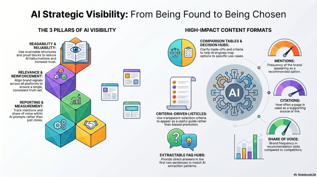 Diagram explaining AI Strategic Visibility: From Being Found to Being Chosen, featuring the 3 Pillars of AI Visibility and examples of High-Impact Content Formats.