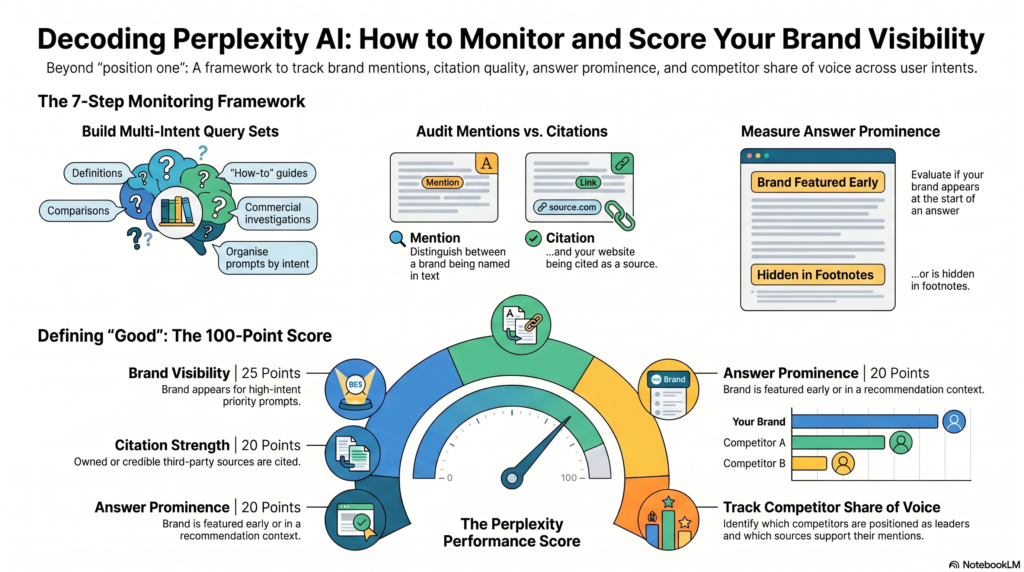 An infographic titled "Decoding Perplexity AI" outlining how to monitor Perplexity AI rankings and brand visibility through a 7-step monitoring framework and a 100-point performance score gauge.