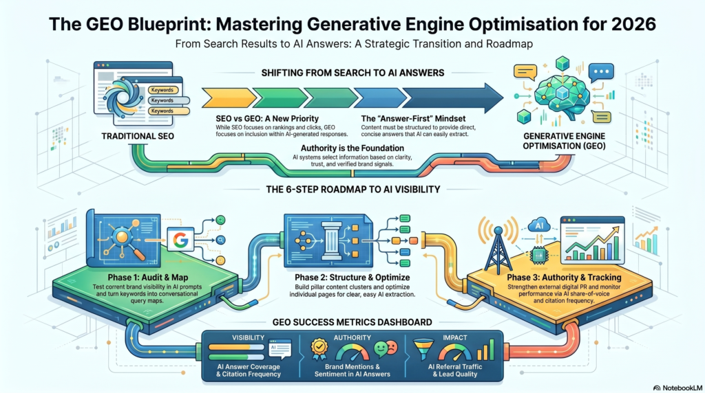 Infographic titled The GEO Blueprint for Generative Engine Optimization 2026, showing the strategic shift from traditional SEO to AI answers, a phased roadmap for AI visibility, and key GEO success metrics.
