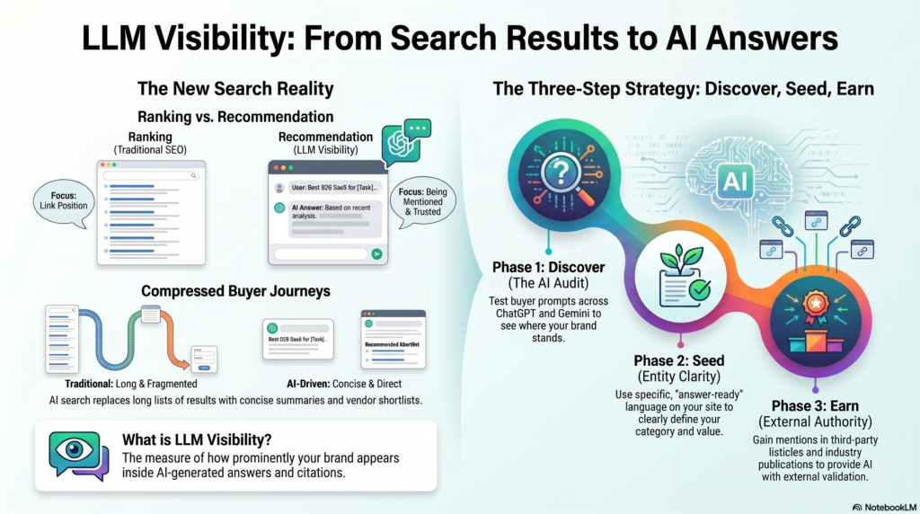 Infographic titled "LLM Visibility: From Search Results to AI Answers," illustrating the shift from traditional SEO to AI recommendations and outlining a 3-step strategy: Discover, Seed, and Earn.