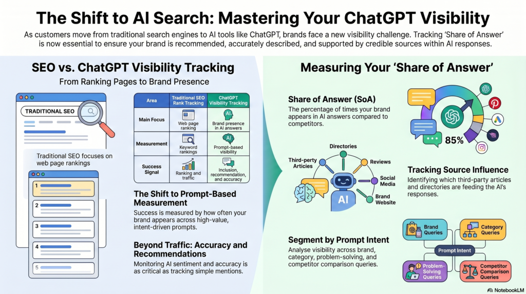 An infographic titled "The Shift to AI Search: Mastering Your ChatGPT Visibility" comparing traditional SEO tracking with ChatGPT visibility tracking and explaining how to measure a brand's Share of Answer.
