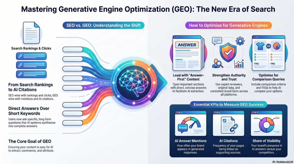 Infographic titled "Mastering Generative Engine Optimization (GEO): The New Era of Search" detailing the shift from traditional SEO to GEO, optimization strategies, and essential KPIs.