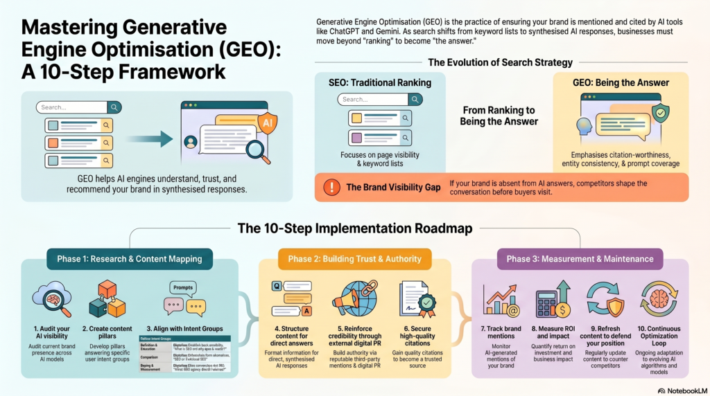 Infographic titled "Mastering Generative Engine Optimisation (GEO): A 10-Step Framework," illustrating the shift from traditional SEO to GEO and a 3-phase implementation roadmap.