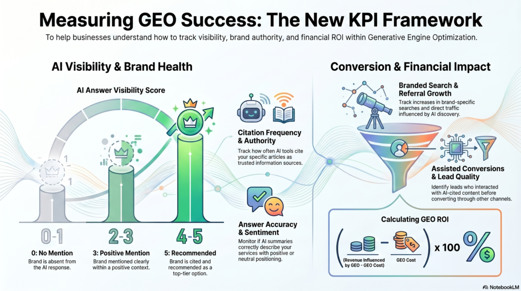 An infographic titled "Measuring GEO Success: The New KPI Framework," outlining metrics for Generative Engine Optimization. The left side covers "AI Visibility & Brand Health," featuring an AI Answer Visibility Score scale from 0 (No Mention) to 5 (Recommended), alongside metrics for Citation Frequency and Answer Sentiment. The right side covers "Conversion & Financial Impact," illustrating a marketing funnel for branded search growth, assisted conversions, and a mathematical formula for calculating GEO ROI.