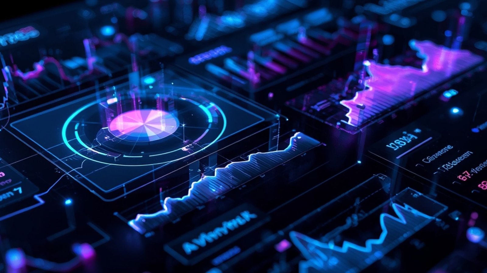 A futuristic digital analytics dashboard featuring glowing neon blue and purple holographic charts, graphs, and data visualizations on a dark background.