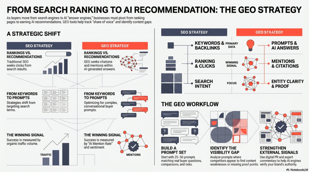 Infographic comparing traditional SEO strategy with Generative Engine Optimization (GEO), showing the shift from keywords to prompts, and outlining the GEO workflow.