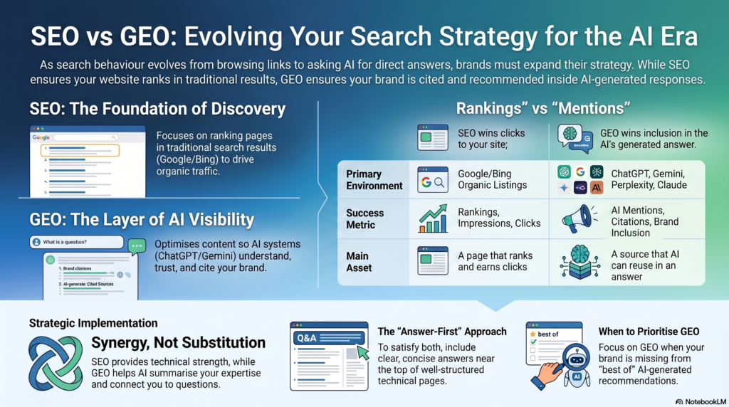 Infographic titled "SEO vs GEO: Evolving Your Search Strategy for the AI Era." The graphic compares SEO and GEO across several sections. On the left, SEO is described as focusing on ranking pages in traditional search results, while GEO optimizes content so AI systems cite the brand. A table on the right contrasts "Rankings" vs "Mentions," showing SEO's environment as Google/Bing with success measured in clicks, versus GEO's environment as ChatGPT, Gemini, Perplexity, and Claude with success measured in AI mentions. The bottom section, "Strategic Implementation," highlights "Synergy, Not Substitution," recommends an "Answer-First" approach, and advises focusing on GEO when a brand is missing from AI-generated recommendations.