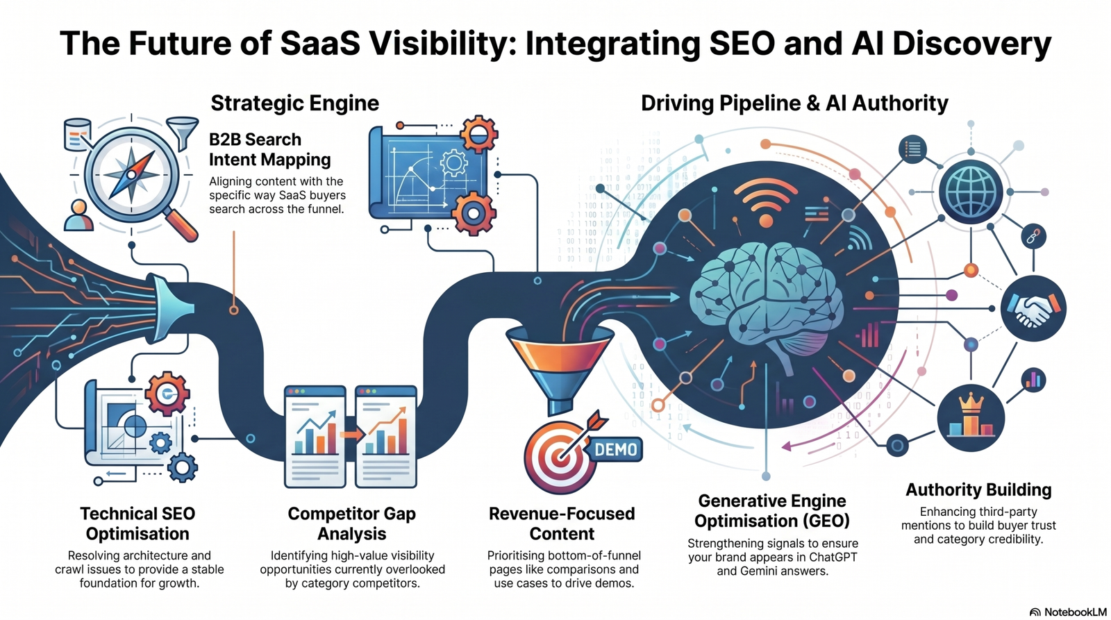 SaaS_Visibility_and_AI_Integration Infographic illustrating the SaaS visibility pipeline, showing how foundational SEO, competitor analysis, and Generative Engine Optimisation (GEO) integrate to drive pipeline and AI authority.