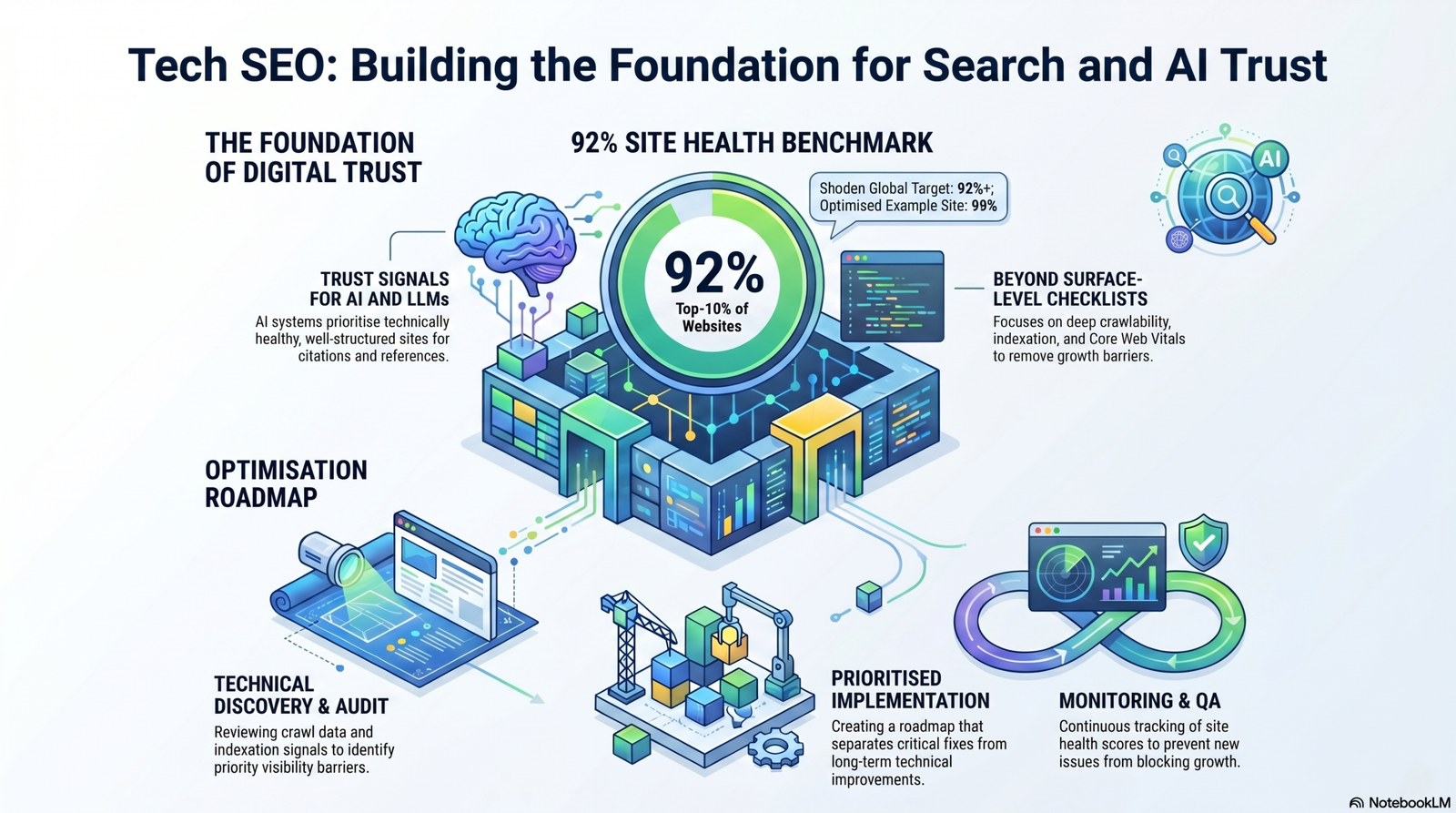 Technical_SEO_for_AI_Trust Infographic outlining the Shoden Global Technical SEO roadmap, highlighting a 92% site health benchmark, AI trust signals, and a three-step optimisation pipeline.