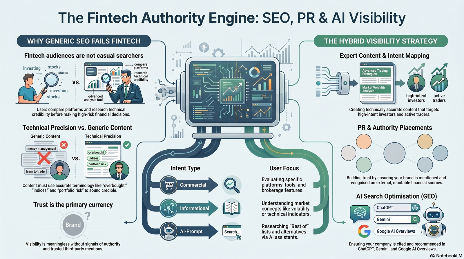 The_Fintech_Authority_Engine_Overview Infographic titled "The Fintech Authority Engine: SEO, PR & AI Visibility," comparing generic SEO failures with a hybrid strategy combining expert content, PR placements, and AI search optimization.
