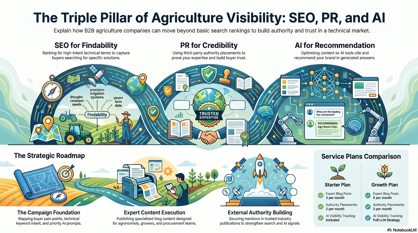Triple_Pillar_of_Agriculture_Visibility An infographic titled "The Triple Pillar of Agriculture Visibility: SEO, PR, and AI," illustrating a B2B marketing strategy divided into findability, credibility, and AI recommendation, alongside a strategic roadmap and a comparison of starter and growth service plans.