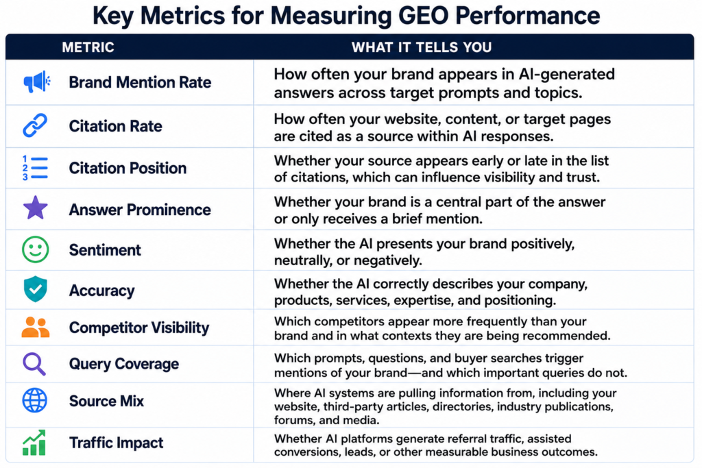 A table titled "Key Metrics for Measuring GEO Performance" detailing the 10 data points—such as citation rate, brand mentions, and accuracy—that a Perplexity rank tracker uses to evaluate AI search visibility.