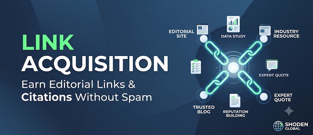 A professional graphic, titled 'LINK ACQUISITION', visualizing high-quality link acquisition with trusted, interconnected links between editorial sources and expert quotes against a blue background for Shoden Global.