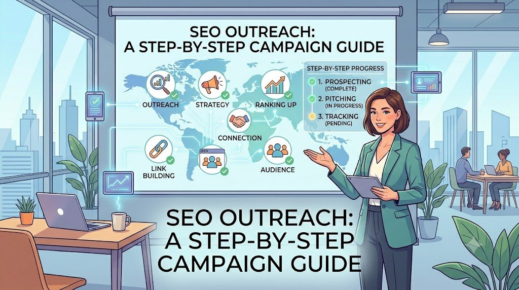 A modern vector illustration of an imaginative 'SEO Outreach Command Center'. A creative professional operates a multi-level holographic interface, with a large central title, 'SEO OUTREACH'. Glowing nodes, data flow, and an illustrative outreach rocket symbolize building professional connections, finding relevant prospects, and earning authority.