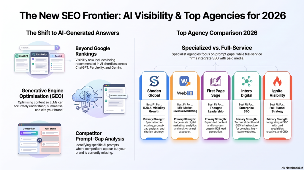 An infographic titled "The New SEO Frontier: AI Visibility & Top Agencies for 2026," explaining Generative Engine Optimization (GEO) and comparing five top agencies: Shoden Global, WebFX, First Page Sage, Intero Digital, and Ignite Visibility.