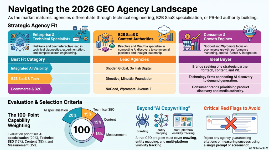 Infographic titled Navigating the 2026 Generative Engine Optimization Agency Landscape, detailing strategic agency fit categories, top providers, 100-point evaluation criteria, and critical red flags to avoid.