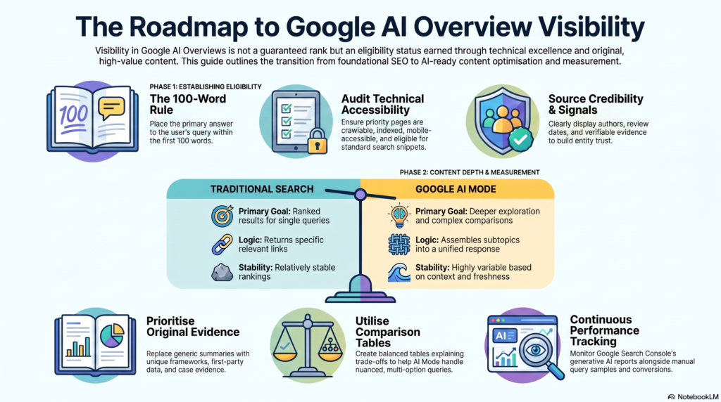 An infographic titled "The Roadmap to Google AI Overview Visibility" outlining two phases of optimization: establishing technical eligibility and improving content depth, featuring a comparison between Traditional Search and Google AI Mode.