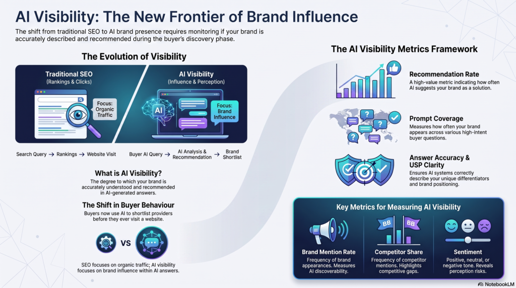An infographic titled "AI Visibility: The New Frontier of Brand Influence" that illustrates the shift from traditional SEO to AI brand presence, detailing an "AI Visibility Metrics Framework" and key measurement metrics like Brand Mention Rate, Competitor Share, and Sentiment.