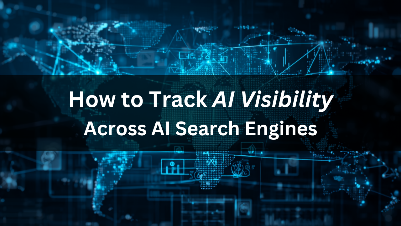 Command Center Focused on AI Search Analytics A digital illustration representing AI search visibility tracking, featuring data analytics graphics, network nodes, and search engine symbols on a modern, tech-focused background.