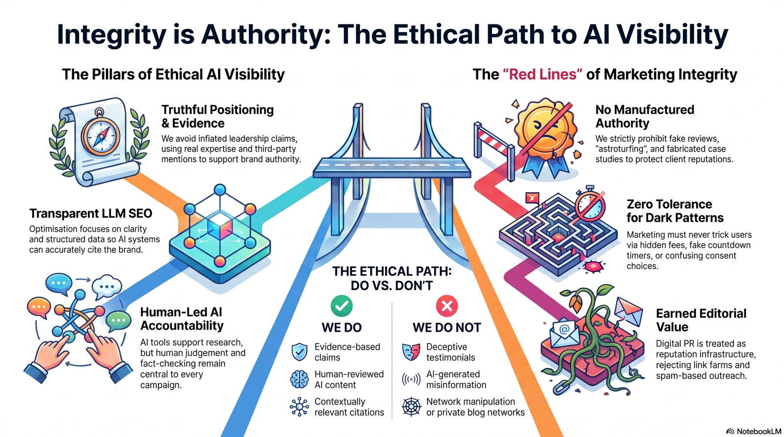 Ethical_Path_to_AI_Visibility "Integrity is Authority infographic outlining the ethical path to AI visibility, including transparent LLM SEO, truthful positioning, and avoiding dark patterns or manufactured authority."