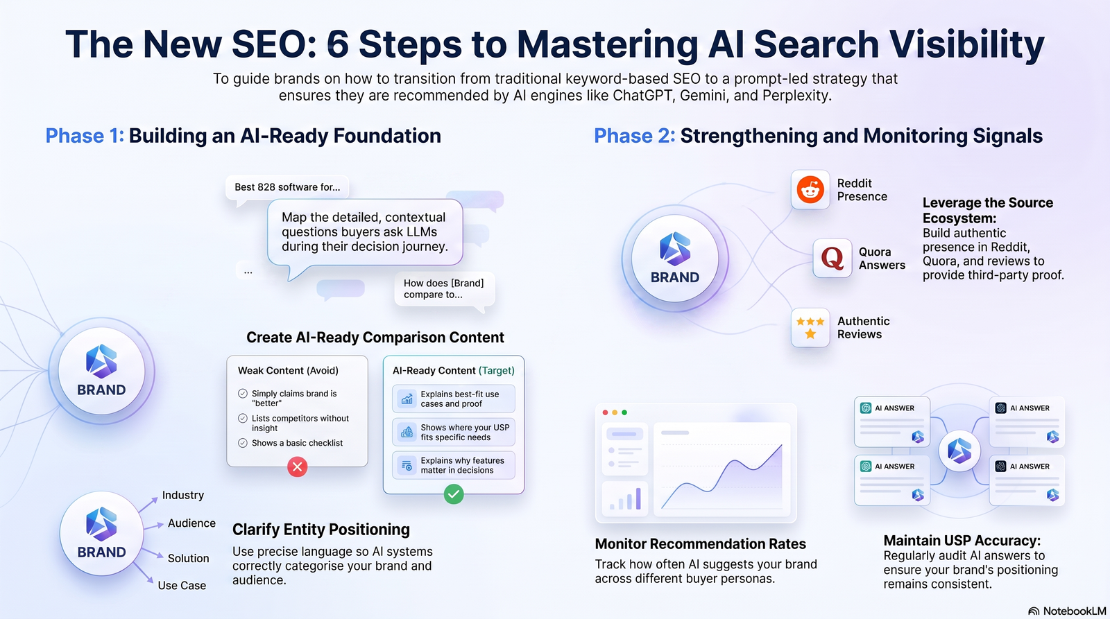 An infographic titled "The New SEO: 6 Steps to Mastering AI Search Visibility" that breaks down a prompt-led SEO strategy into two phases: Phase 1 covers building an AI-ready foundation, and Phase 2 focuses on strengthening and monitoring signals using third-party sources and analytics.