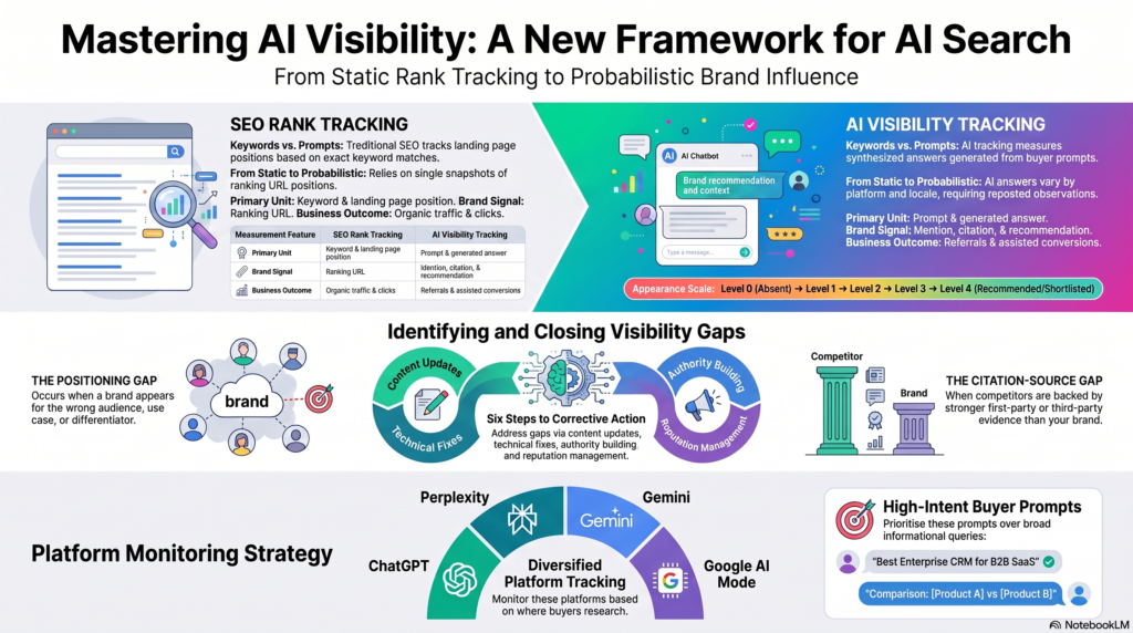 An infographic titled "Mastering AI Visibility: A New Framework for AI Search," comparing traditional SEO rank tracking with AI visibility tracking, illustrating how to close visibility gaps, and outlining a platform monitoring strategy.