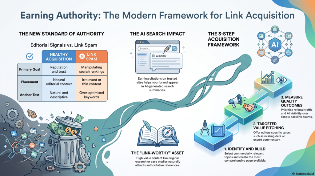 An infographic titled "Earning Authority: The Modern Framework for Link Acquisition," illustrating the difference between healthy editorial signals and link spam, the impact on AI search summaries, and a three-step acquisition framework focusing on targeted value pitching and measuring quality outcomes.