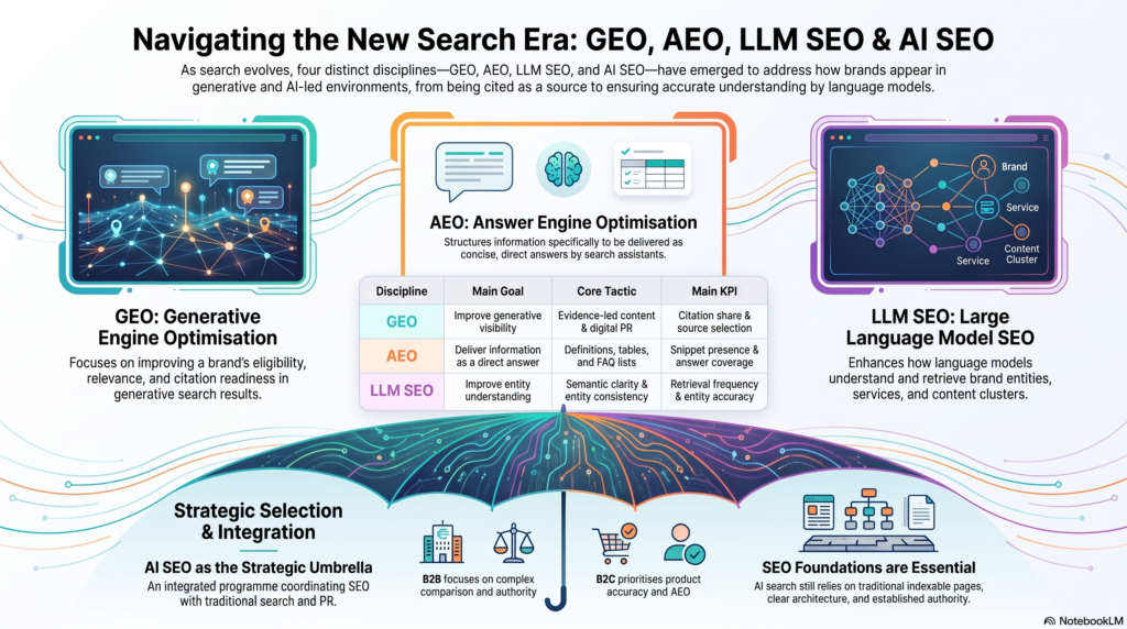 A detailed infographic titled "Navigating the New Search Era: GEO, AEO, LLM SEO & AI SEO," illustrating the definitions, goals, tactics, and KPIs of four search optimization disciplines, all situated over a large umbrella representing AI SEO.