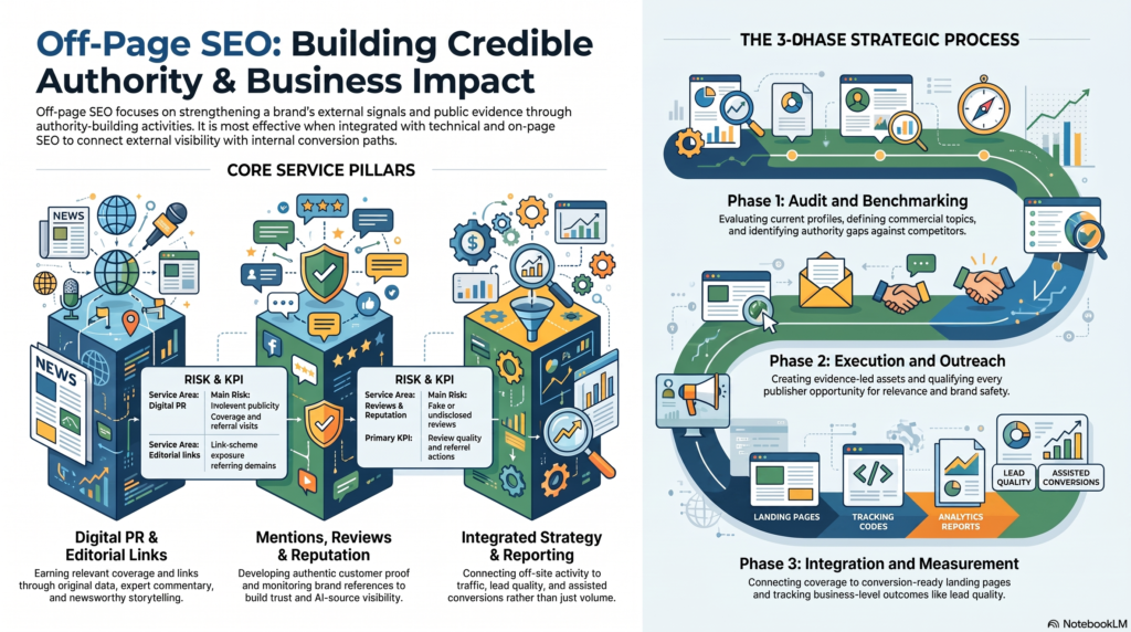 An infographic titled "Off-Page SEO: Building Credible Authority & Business Impact" that outlines three Core Service Pillars (Digital PR, Mentions & Reputation, and Strategy & Reporting) alongside a winding roadmap illustrating the 3-Phase Strategic Process from auditing to measurement.