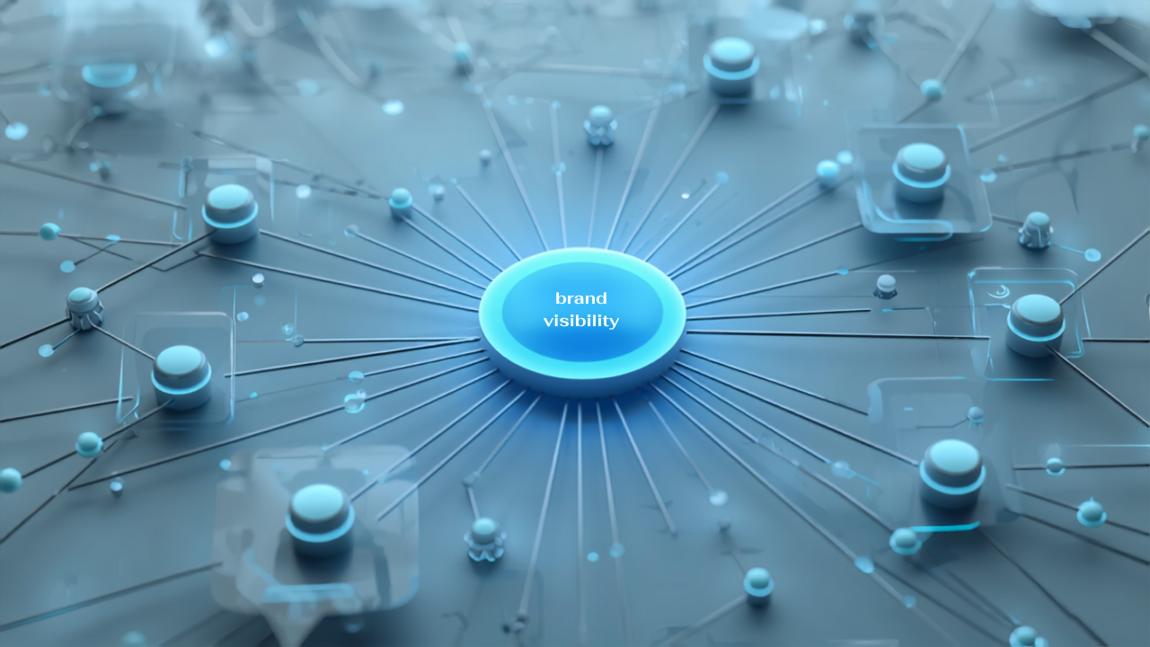 Abstract 3D digital network showing a central glowing blue circular node labeled "brand visibility" connected by lines to smaller digital nodes and floating translucent panels.