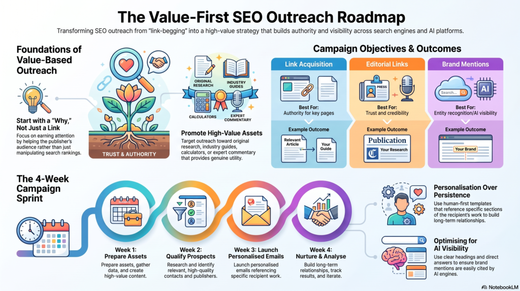 An infographic titled "The Value-First SEO Outreach Roadmap," which outlines a strategic approach to SEO outreach. It details the foundations of value-based outreach, compares campaign objectives like link acquisition and brand mentions, and illustrates a 4-week campaign sprint from asset preparation to relationship nurturing.