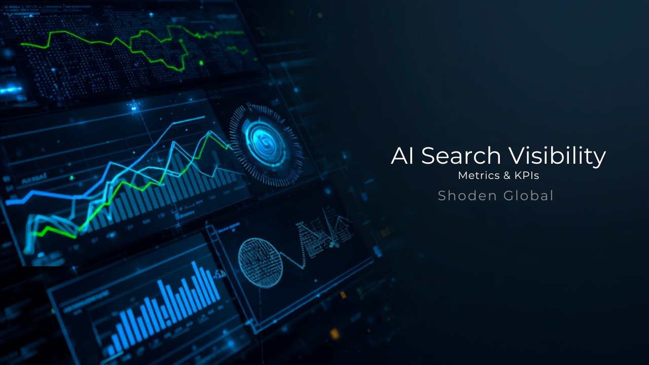 Dark futuristic background showing glowing blue and green analytics charts alongside the title AI Search Visibility Metrics & KPIs by Shoden Global.