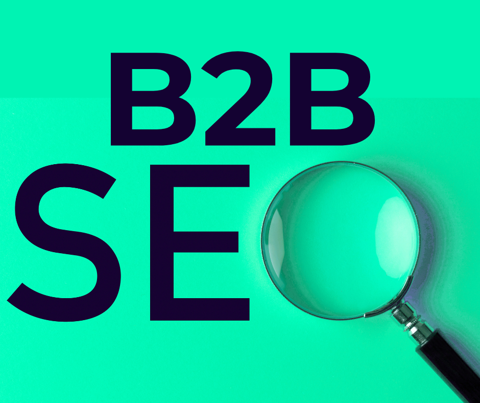 YOUR BRAND SHOWING UP IN THE LLMs (1) Bold text reading 'B2B SEO' on a bright mint green background, with a magnifying glass forming the letter 'O'.