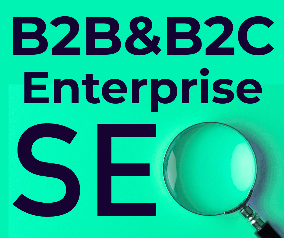YOUR BRAND SHOWING UP IN THE LLMs (4) B2B and B2C Enterprise SEO graphic featuring bold text and a magnifying glass over a teal background.