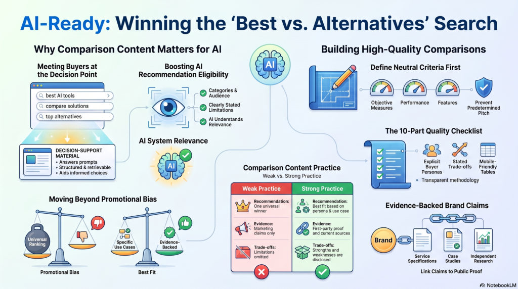 Infographic titled "AI-Ready: Winning the 'Best vs. Alternatives' Search," detailing how to create objective, evidence-backed comparison content optimized for AI recommendations.