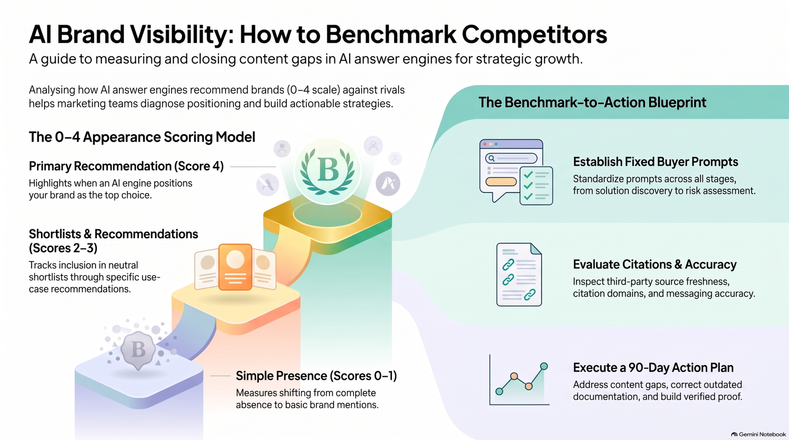 An infographic titled "AI Brand Visibility: How to Benchmark Competitors," detailing a 0-4 appearance scoring model for AI answer engines alongside a three-step benchmark-to-action blueprint for strategic growth.