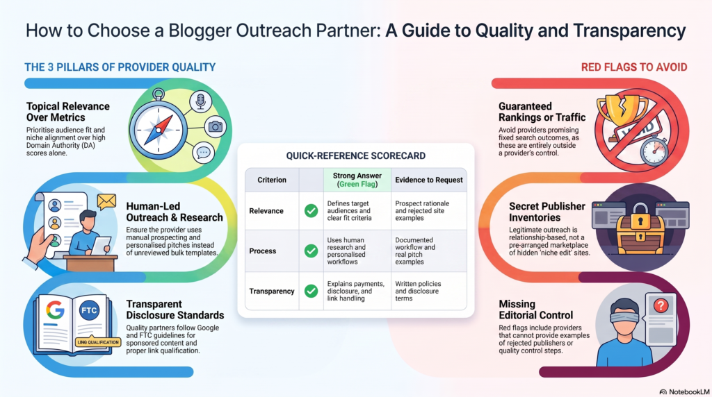 Infographic titled "How to Choose a Blogger Outreach Partner: A Guide to Quality and Transparency" detailing provider quality pillars, a scorecard, and red flags.
