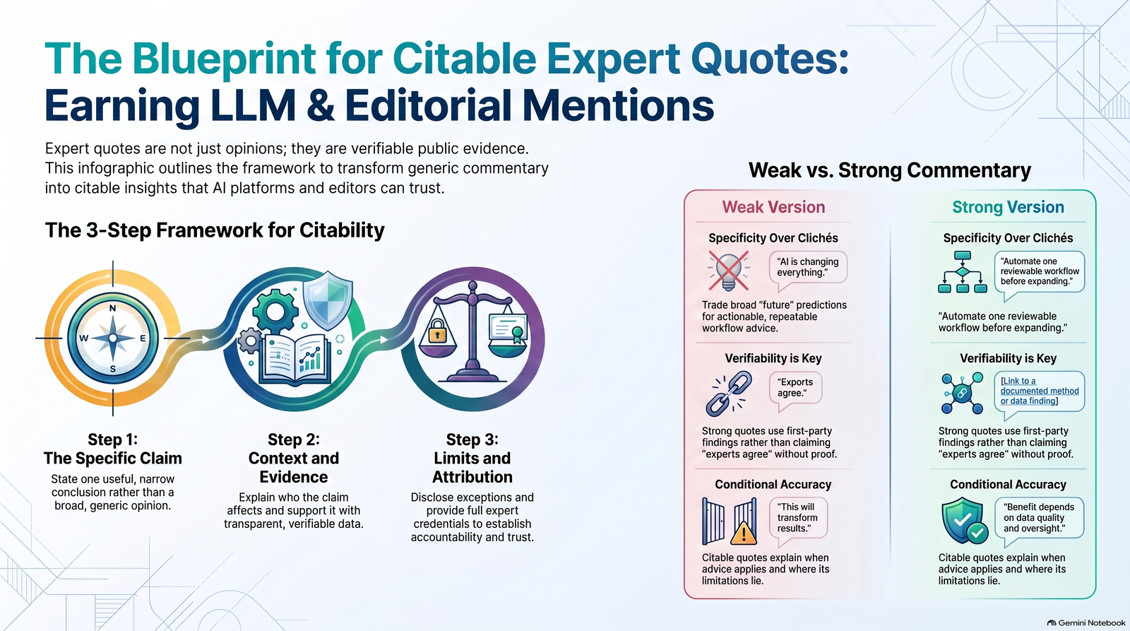 Infographic outlining a 3-step framework for creating citable expert quotes and comparing weak versus strong commentary.