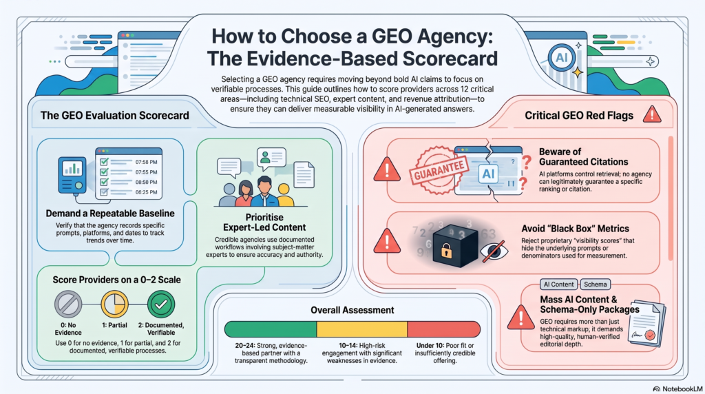Infographic titled "How to Choose a GEO Agency: The Evidence-Based Scorecard," detailing how to evaluate Generative Engine Optimisation providers using a repeatable baseline, expert-led content, and a 0-2 scoring system, while avoiding red flags like guaranteed citations, black box metrics, and schema-only packages.