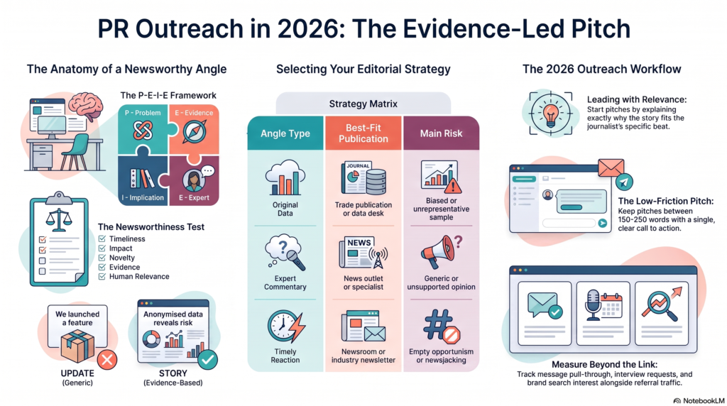 Infographic titled "PR Outreach in 2026: The Evidence-Led Pitch" detailing newsworthy angles, editorial strategies, and outreach workflows.
