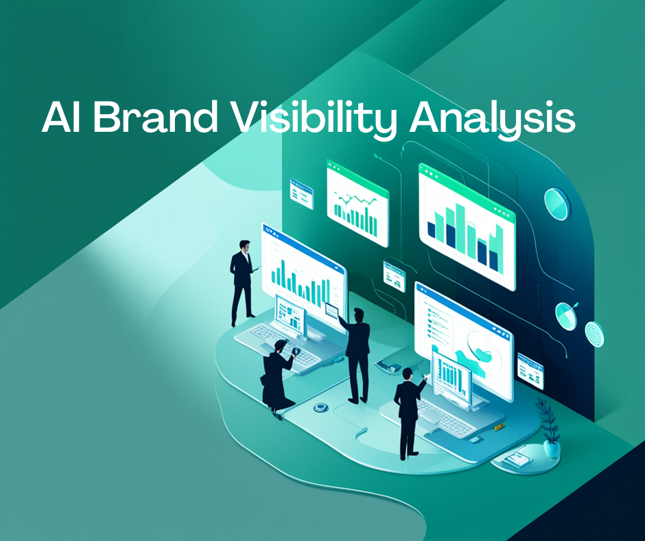 Facebook Post – AI Brand Visibility Analysis Isometric illustration of business professionals interacting with digital data dashboards, titled "AI Brand Visibility Analysis".