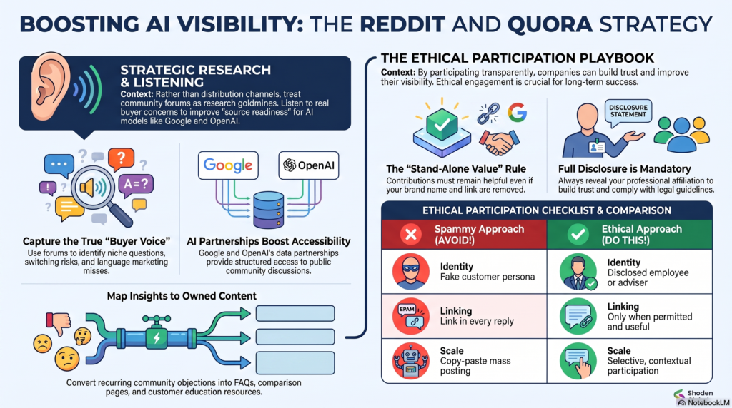 Infographic detailing how to boost AI visibility using a Reddit and Quora strategy for research and ethical participation.