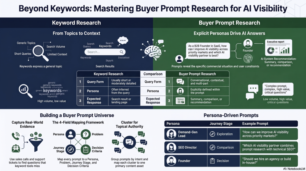 Infographic titled "Beyond Keywords: Mastering Buyer Prompt Research for AI Visibility," comparing traditional keyword research to buyer prompt research. It features a comparison table, a methodology for building a "Buyer Prompt Universe," and examples of persona-driven prompts across different buyer journey stages.